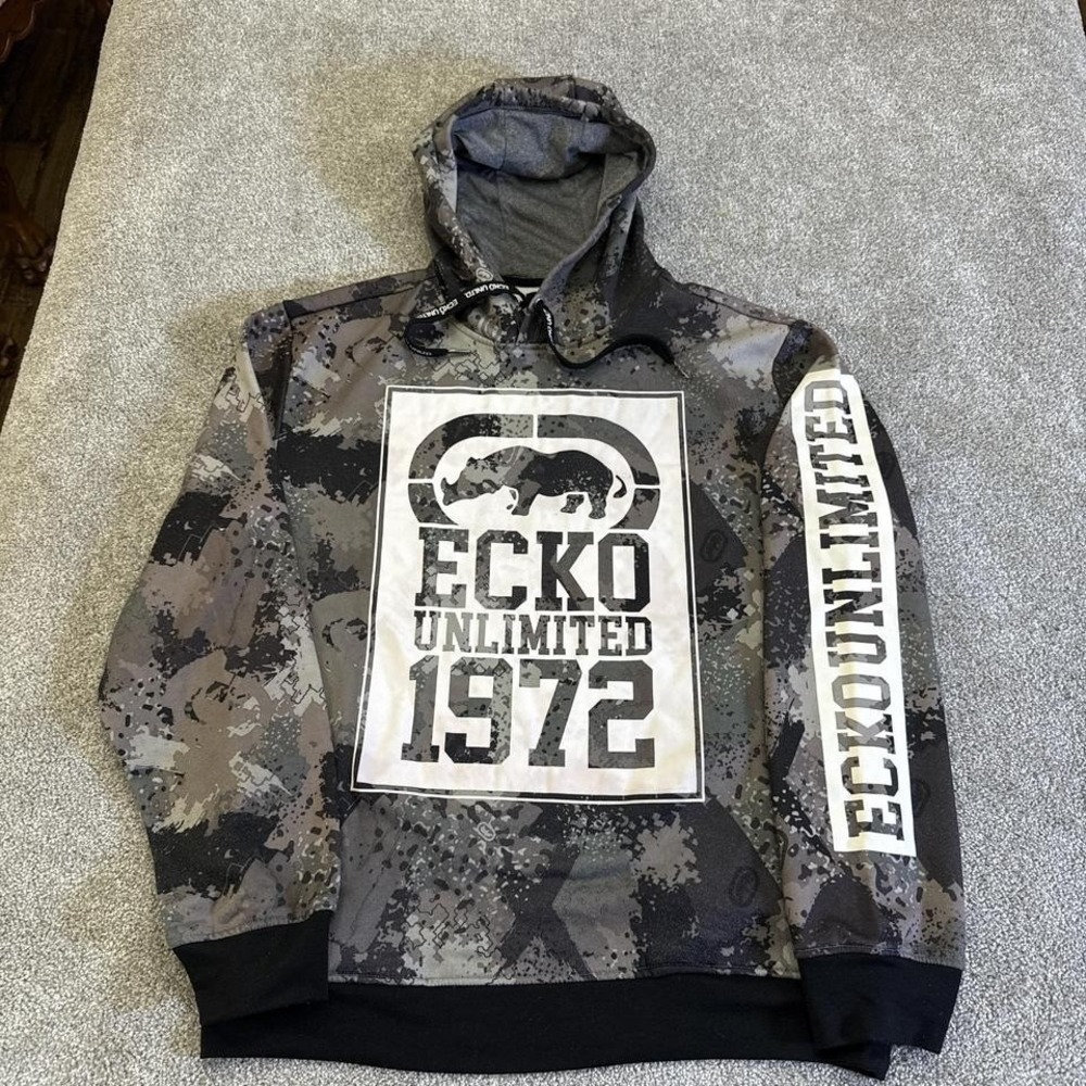 Y2K Ecko Unltd Camo Hoodie Grey Black Brown Olive Green Large Streetwear